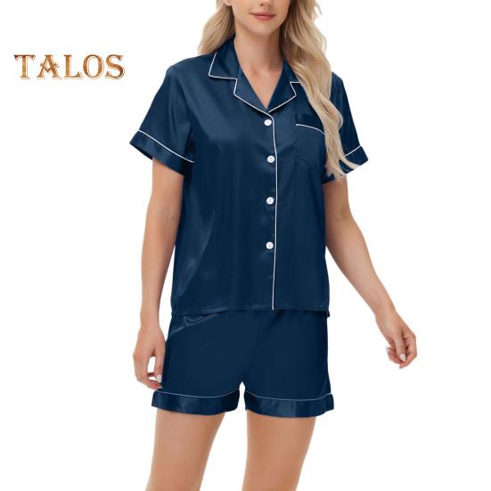 2-teiliges Pyjama-Set, Satin, einreihiges Cardigan-Hemd, V-Ausschnitt, Reverskragen, einfarbiges Hemd mit Brusttasche, lockere Shorts, Nachthemd, Nachtwäsche