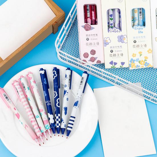 4Pcs/Set 0.5mm Gel Pen Press Quick Drying Black Ink Fine Point Stationery Flower Themed Plastic Writing Pen Office Supplies