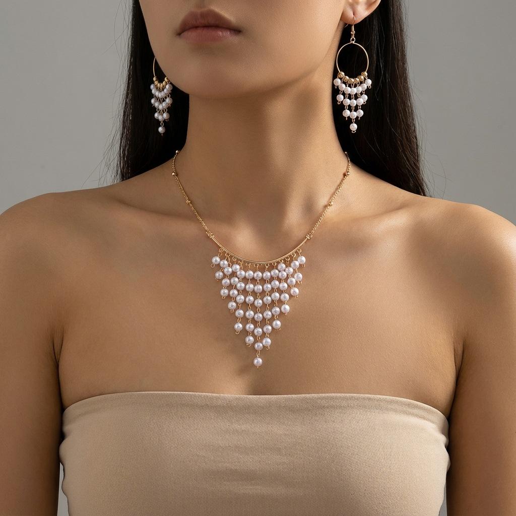 Retro Imitation Pearl Tassel Necklace and Earring Set - European & American Bestseller