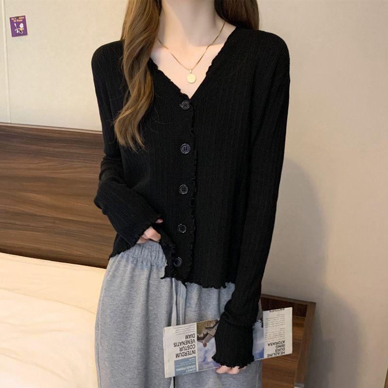 2024 Spring/Summer Slimming Ruffle V-Neck Knit Cardigan - Women's Long Sleeve Base Layer Top