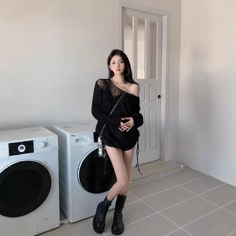 Sweater Women's Medium and Long Loose Spring and Autumn Knitted Sweater Lazy Wear One-word Shoulder Off-the-shoulder Top