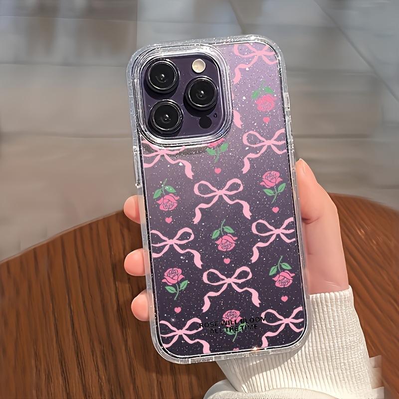 Rose bow is suitable for Apple 13 14 mobile phone case 16promax large hole glitter case XS transparent 11 cute.