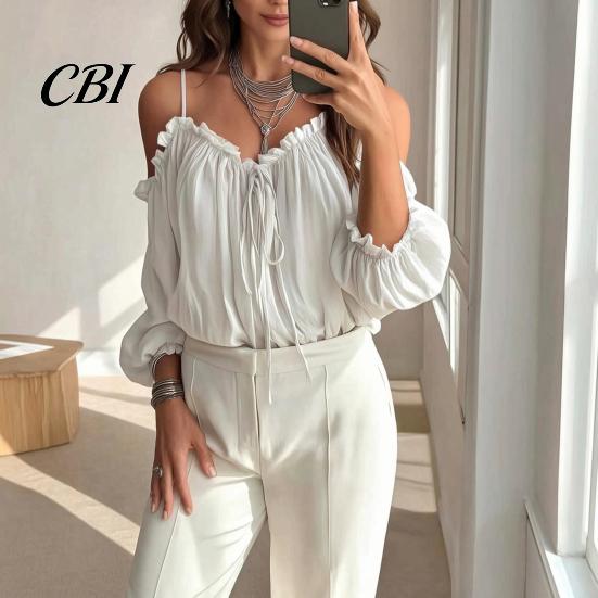 Top Comodi Taglio Ampio Top da Donna, Camicia a Maniche Lunghe Puff, Pullover Sling Senza Spalle Camicia Casual Leggera Blusa Monocolore per