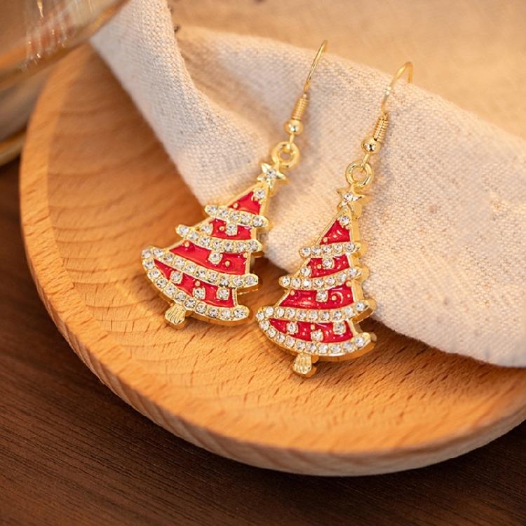 Holiday Rhinestones Christmas Earrings Lightweight Alloy Construction Ear Studs Red/Green Party Jewelry Gift