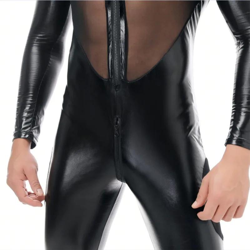 Imitation Leather Jumpsuits Men Sexy See Through Mesh Bodysuits Gay Erotic Lingerie Club Party Wear Playsuits Performance Onesie