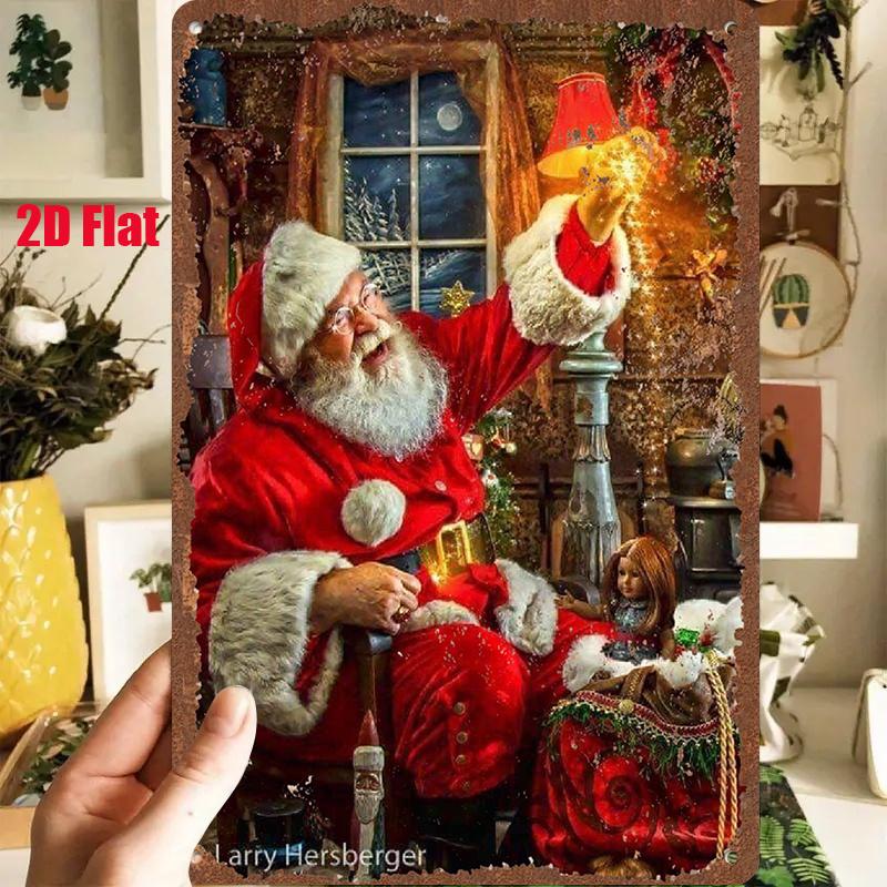 D Flat Pc D Flat Metal Sign Vintage Tin Painting Santa Claus Holding a Lantern with a Night Scene Outside the Window Com