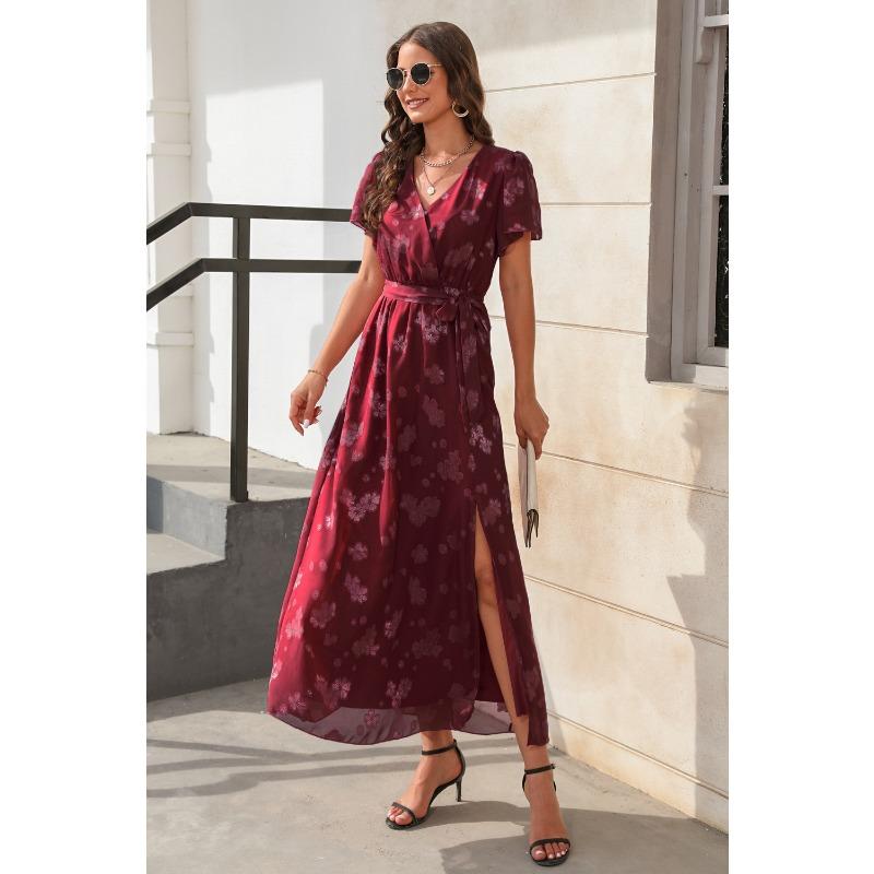 V-neck High-waisted Strappy Dress Jacquard Split Long Short-sleeved Dresses