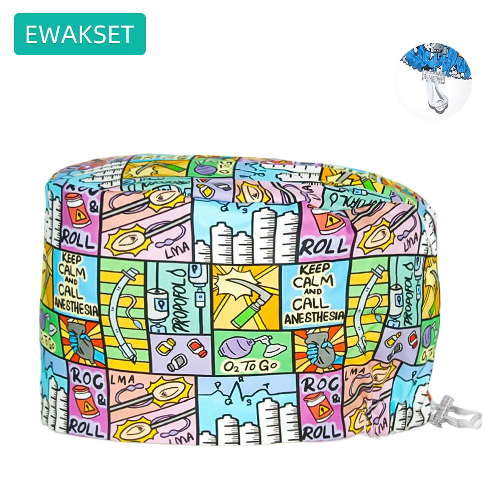 Women's Long Hair Medical Scrub Cap Dental Anesthesia Skeleton OBGYN Print Surgical Hat Adjustable Euro Style for Nurse Doctor