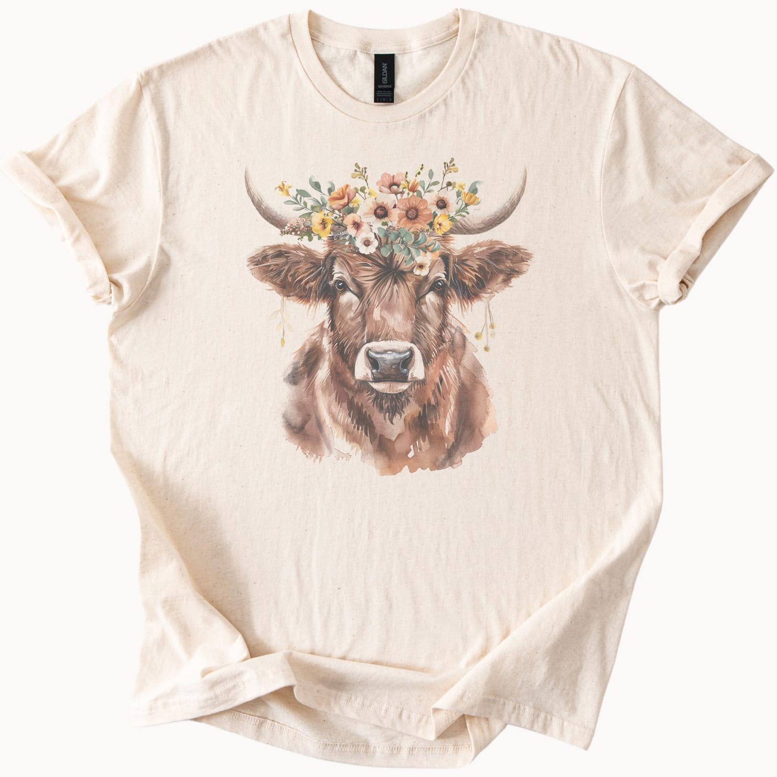Highland cow floral crown shirt boho farm animal graphic tee western country cowgirl shirt rustic watercolor cow print shirt gift 140