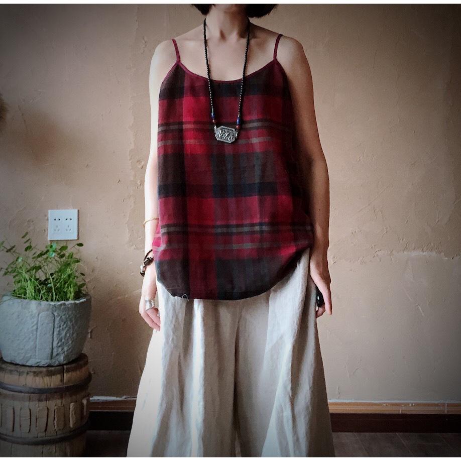 Red Brown Plaid Ancient Mud Camisole Vest 14122 (Small) One Size