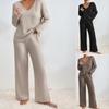 2025 Autumn/Winter Hot Selling Ribbed V-Neck Long Sleeve Brushed Casual Set for Women