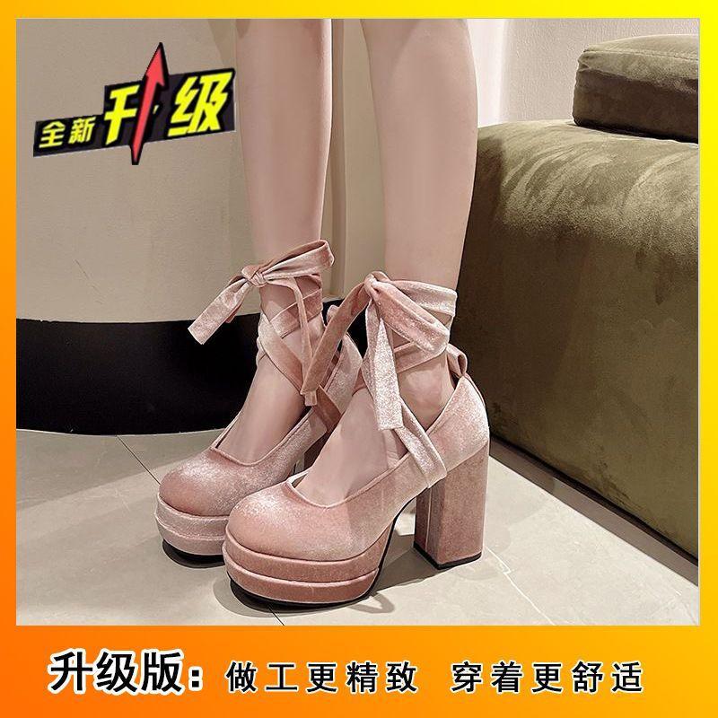 2025 Spring and Autumn New Straps Mary Jane Shoes Versatile French Platform Small Pink High-heeled Lolita Shoes Women