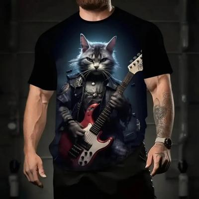 Camiseta Masculina Outdoor Casual Verão Gola Redonda Tops Manga Curta Estampa 3D de Gato Poliéster Solto Roupa Masculina