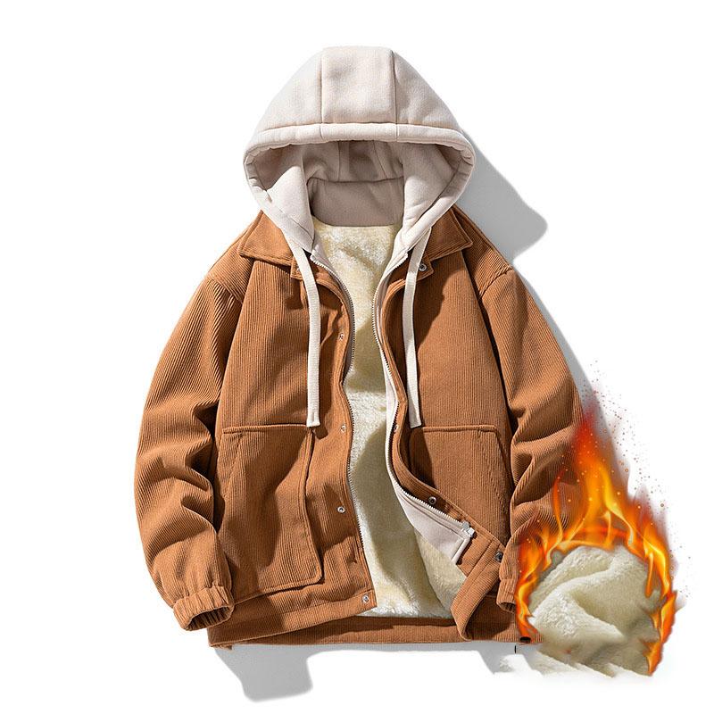 Mens Hooded Corduroy Work Coat Male Fashion Causul Fales Two Piece Autumn And Winter Long Sleeved Outwear Outdoor Hiking Jacket Mens