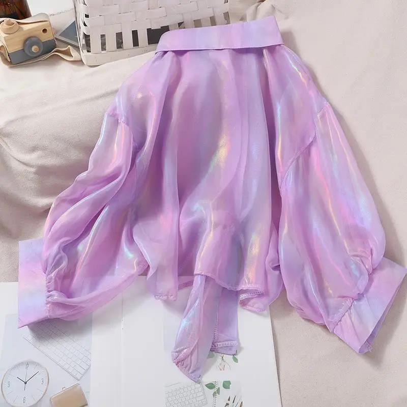 Gradient Purple Chiffon Shirt Women's Thin Coat Loose Long-sleeved Cardigan Sunscreen Shirt Casual Top Sweet Fashion New Style