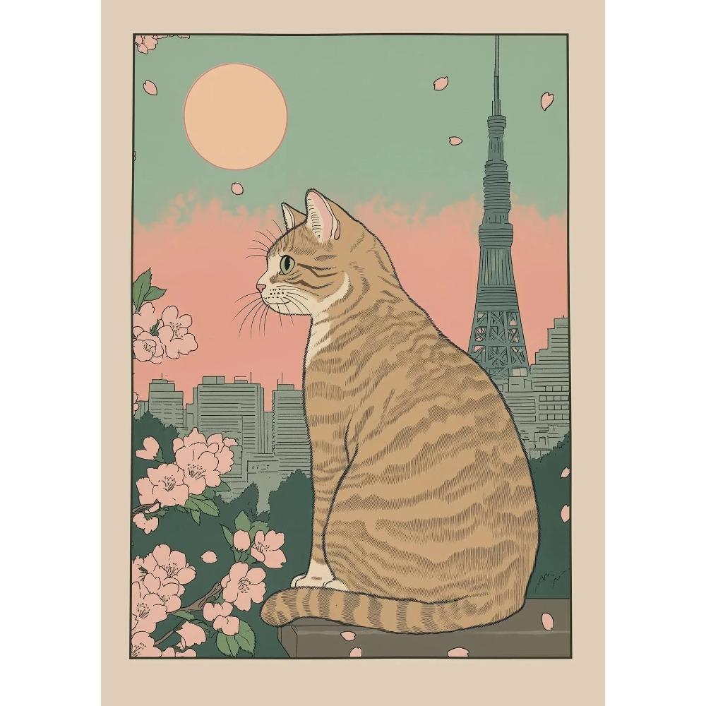Scottish Cat in A Bathtub Poster Print Black Cat Tabby Cat Eating Ramen Canvas Painting Japanese Wall Art Bathroom Kitchen Decor 21X30CMNo Framed