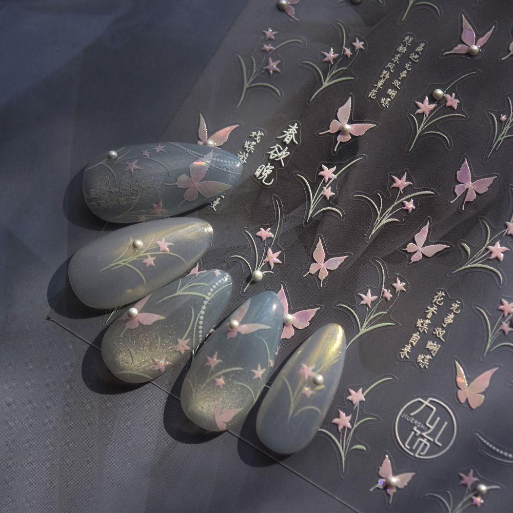 Pearl Inlay Pink Butterfly 3D Relief Nail Stickers DIY Manicure White Flower with Rehinstone Self Adhesive Decal Charm