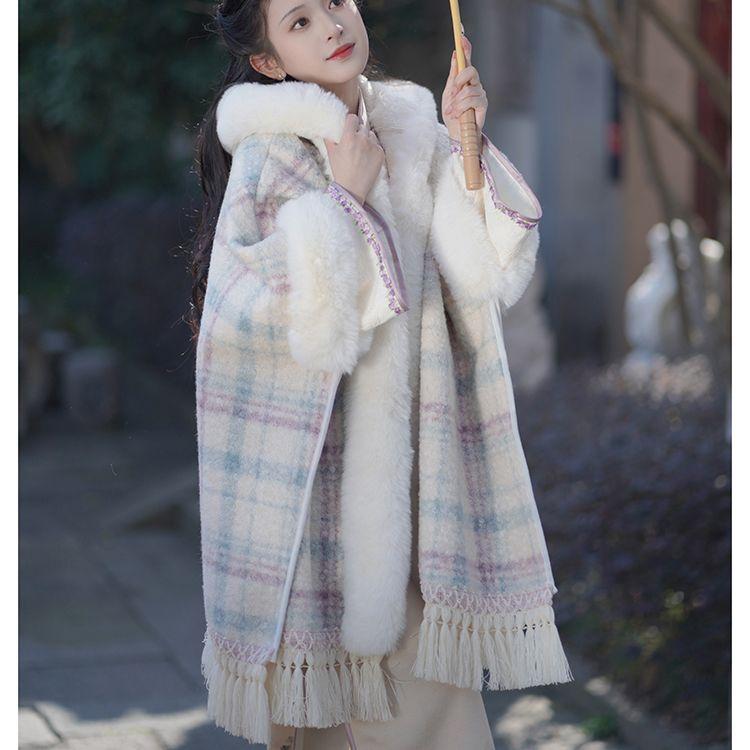 Long Cape Shawl with Cheongsam Outerwear Fleece-lined Thickened Jacket Tassel Top