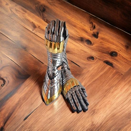 Handmade Armor Gauntlets Steel Gloves Brass Accents Warrior Metal Pair Medieval Knight Costume Rustic  Home Decor Gifts