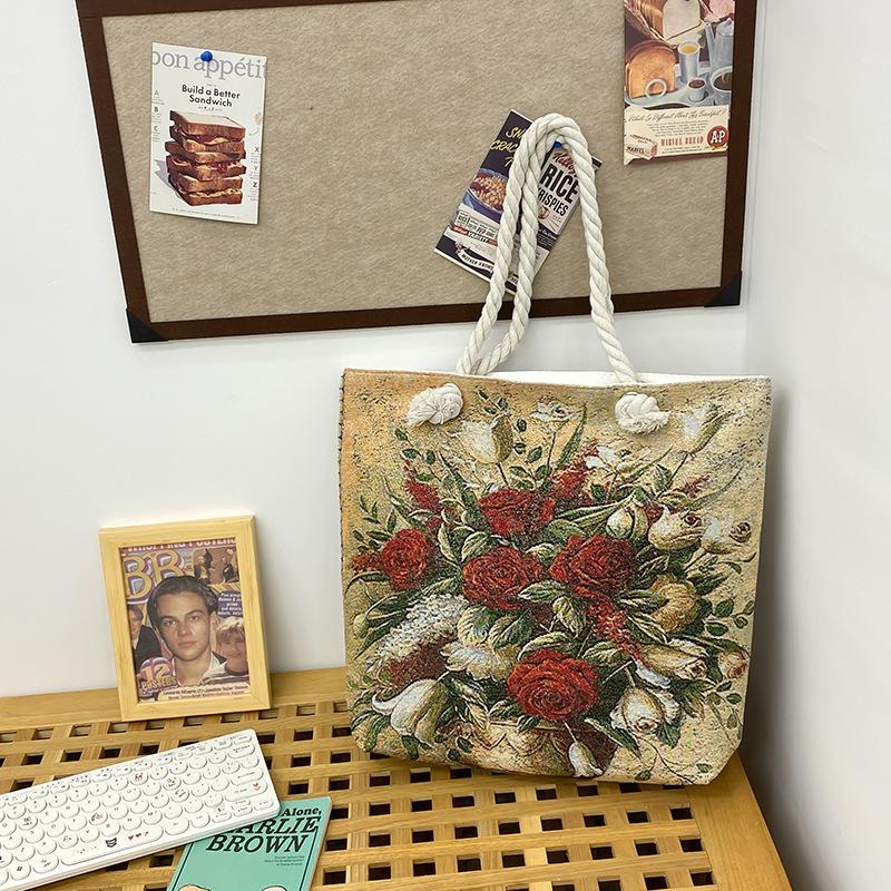Single-shoulder Bag Fashionable Large-capacity Tote Bag Embroidered Linen Bag