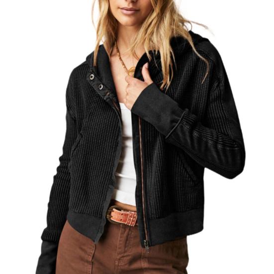 

Женская вафельная трикотажная толстовка с капюшоном на молнии с длинным рукавом, укороченные толстовки, повседневные ребристые короткие куртки с карманами L чёрный