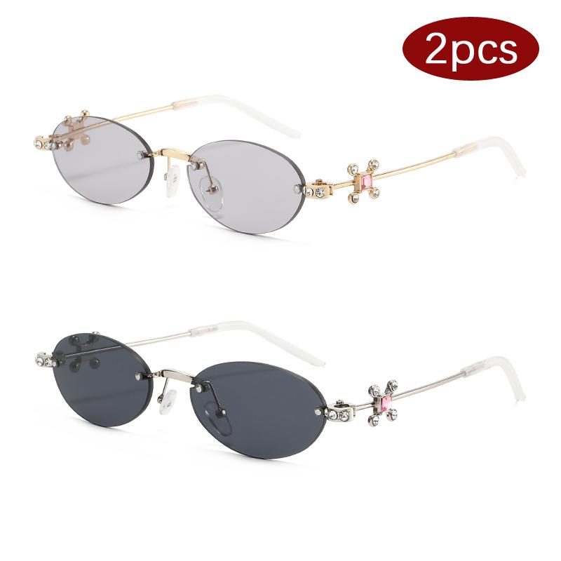 

2pcs Fashion Rimless Design Sunglasses Female Oval Diamond Decoration Metal Sun Glasses Outdoors Casual Vacation Eyewear