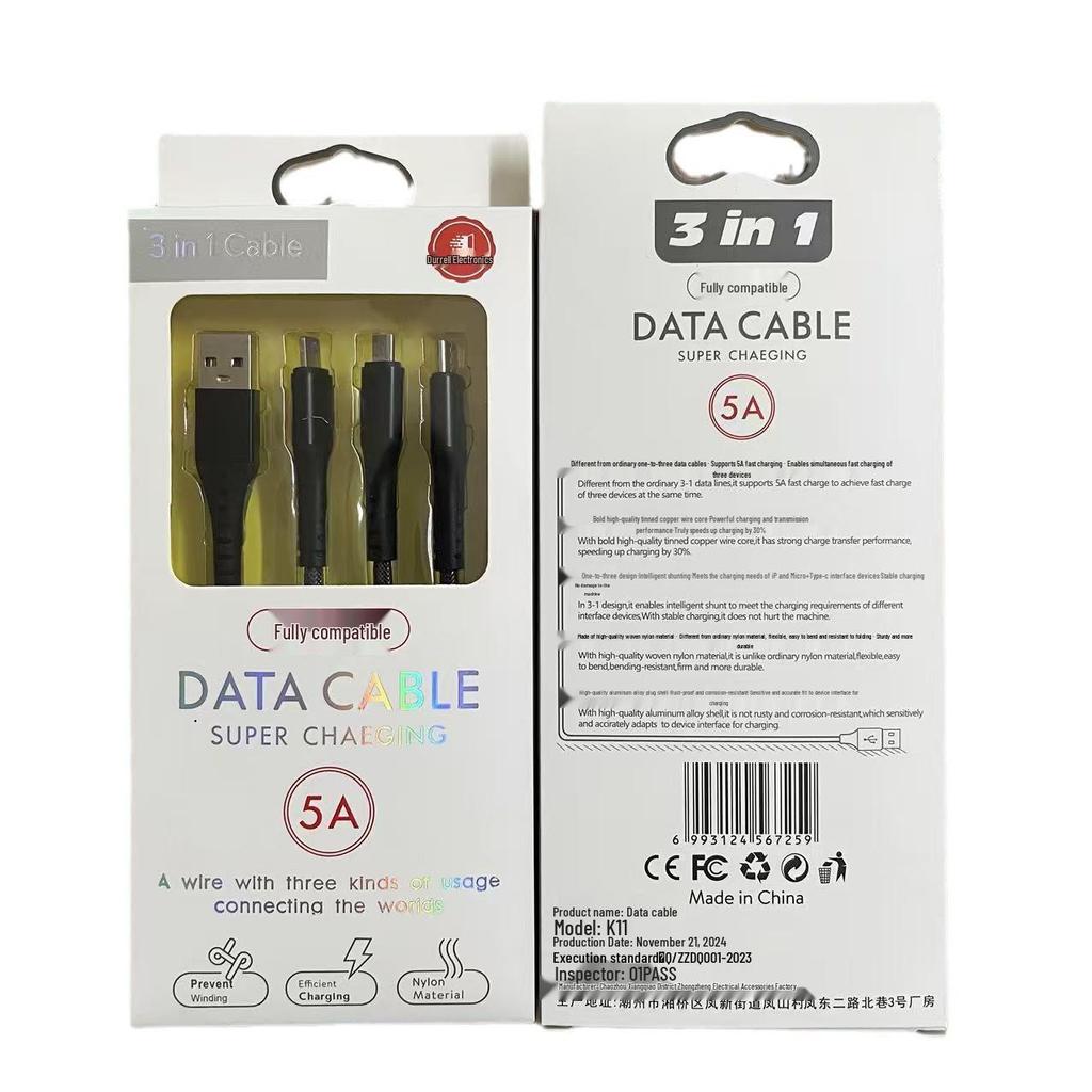 3-in-1 5A Super Fast Charging Cable with Logo for Apple & Type-C Devices