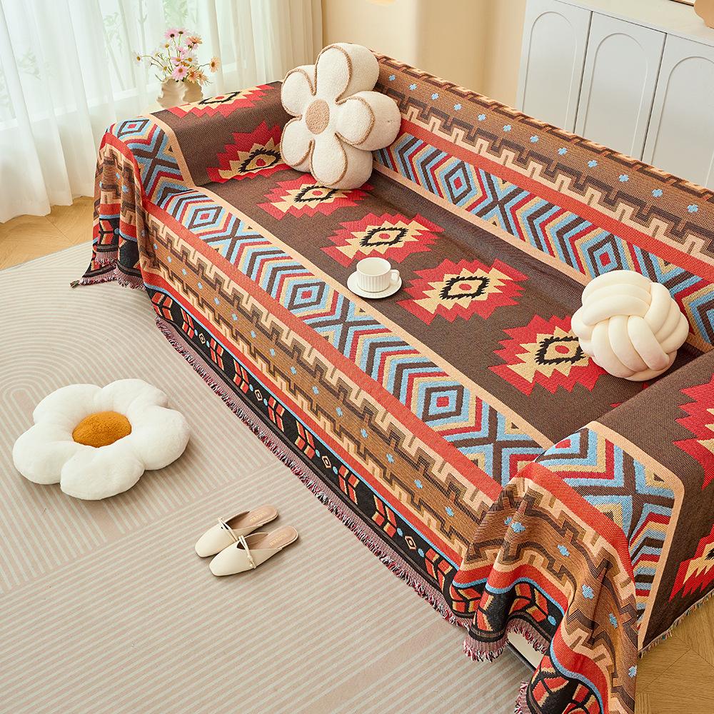 Aztec sofa towel cover bohemian fringed cotton yarn sofa cover vintage geometric woven thread blanket