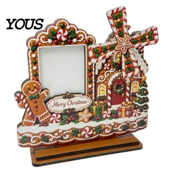 Christmas Photo Frame 2D Gingerbread House Wooden Frame, Spinning Windmill Picture Xmas Cottage Ornament Desktop Holder for Home Fireplace Table Decor