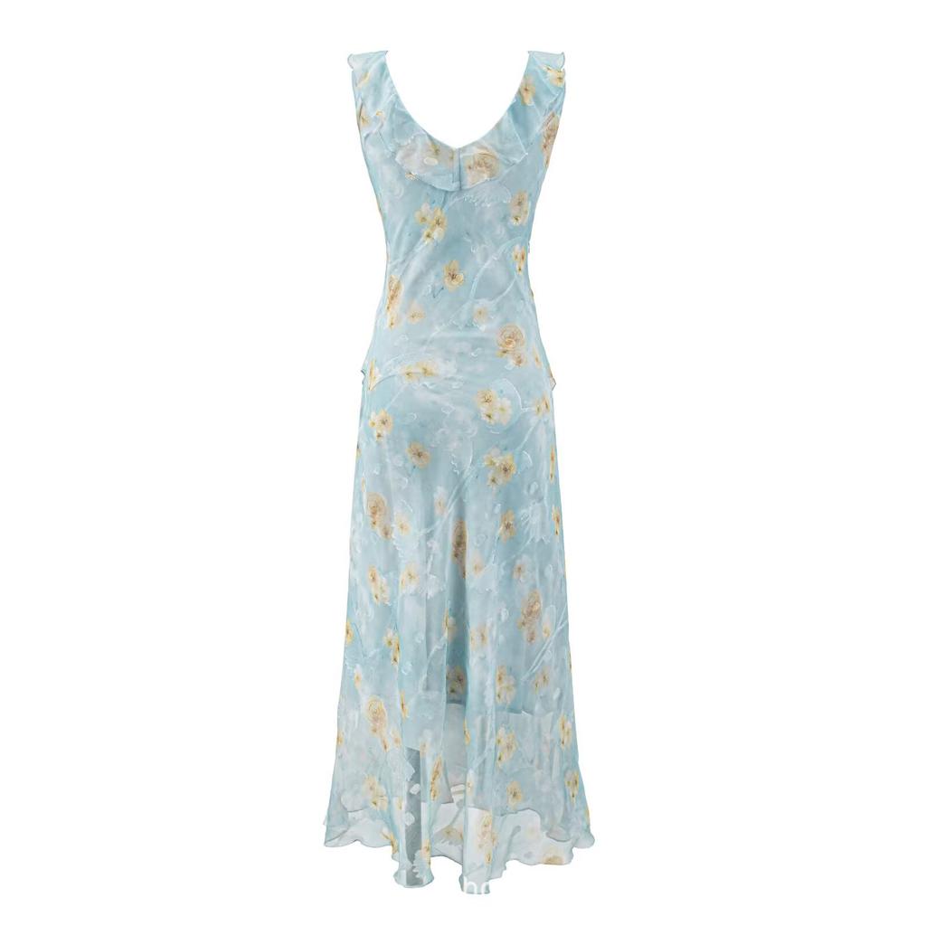 Summer New Coffee Break French Gentle Temperament V-neck Floral Suspender Seaside Vacation Style Slim Dress
