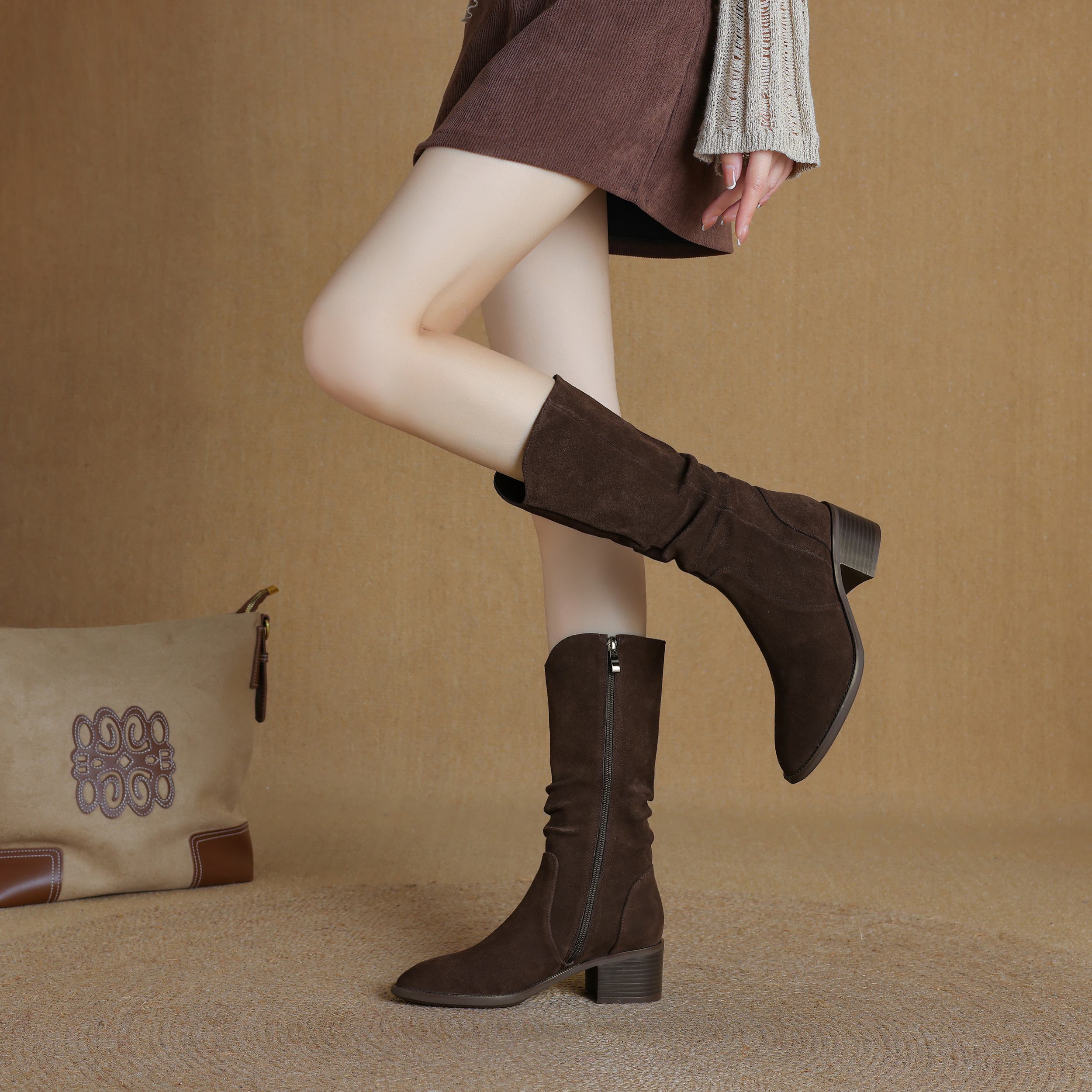 Krazing Pot Коровья замша Нубук Зимние Средний каблук Вестерн Сапоги Женские На молнии — фото 20