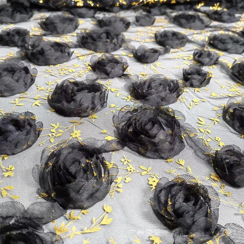 1 Yards 3D Lace Rose Flower Embroidery Hot Stamping Tull Lace Fabric For Diy Sewing Apparel Wedding Dress Performance Costume