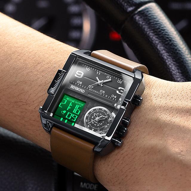 Binbond B3332 3332 LED Digital Men Wristwatch Fashion Design Square Big Dial Analog Quartz Dual Display Watch for Montre Relojes