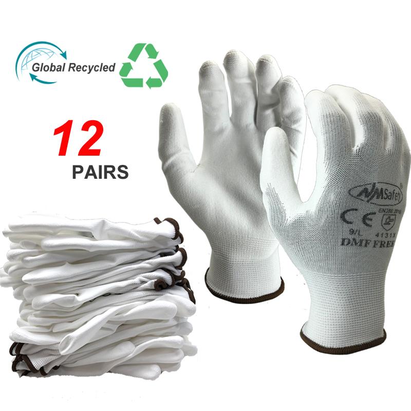 

100% высококачественные 24 шт./12 пар белых нейлоновых хлопковых трикотажных перчаток с покрытием из полиуретана и нитрильного каучука для промышленной защиты и безопасности XL