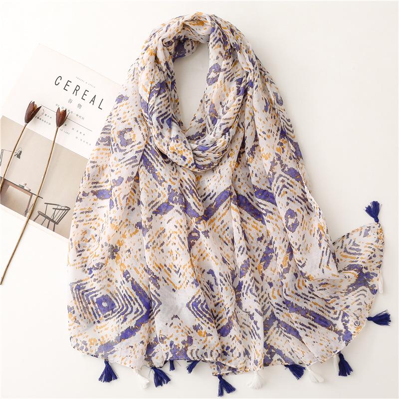 "Bali Yarn Cotton-Linen Scarf: Fresh Solid Color, Fruit Green & Bright Yellow Leaf Print with Tassel Detail"