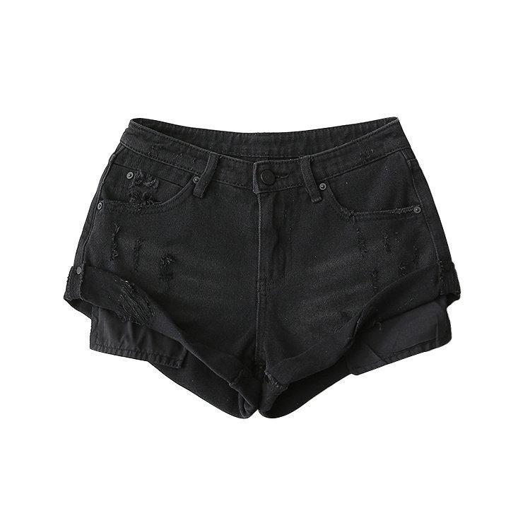 American Spicy Girl High-Waisted Rolled Denim Shorts - Summer 2026 Women s A-Line Wide Leg Hot Pants S чёрный