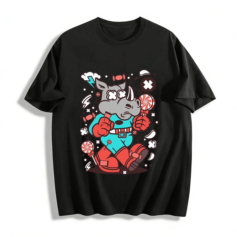 Candy Rhino Superhero Print T-Shirt Unisex Fun Cartoon Top Pure cotton T-shirt XXS