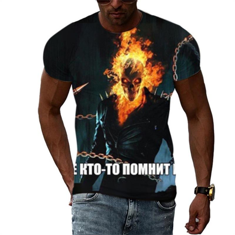 Summer Men's Fashion Trend New T-shirt 3D Flame Skull Digital Print Hip Hop Loose Street Clothing Casual Daily Round Neck Top