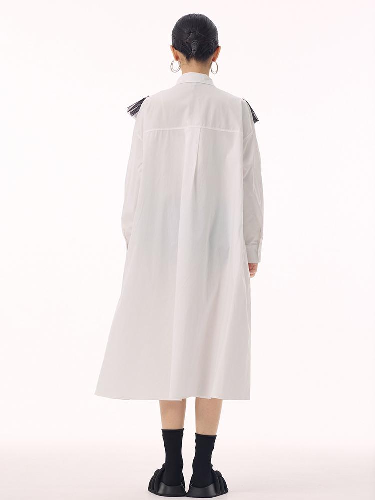 Xitao Patchwork Netz Einfarbig Einreiher Hemdkragen Kleid GMM1184