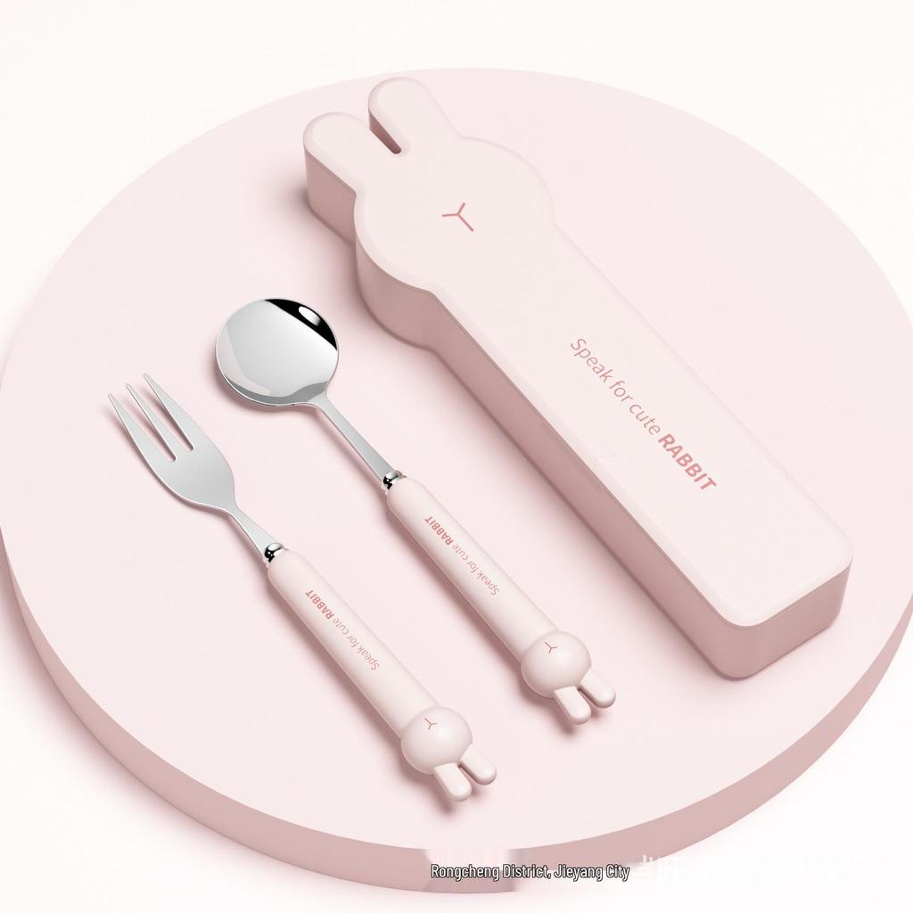 304 Stainless Steel Rabbit Portable Tableware Set: Cute Cartoon Fork and Spoon for Kids, Students, and Office Workers.