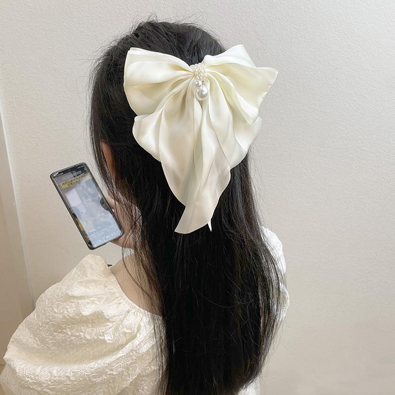 

Large Korean Solid Color Satin Fabric Bow Hair Clip For Women Girl Chiffon Bowknot Ribbon Ponytail Hair Accessories Hairpin белый