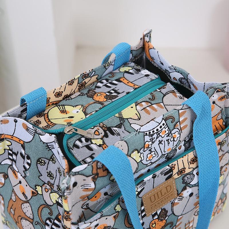 New fashionable women's hand-held printed canvas bag thickened large-capacity aluminum foil bento thermal insulation tote bag
