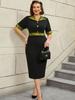 Black Women Dresses Short Sleeve Bodycon Knee Length Patchwork Pencil Causal Office Dress