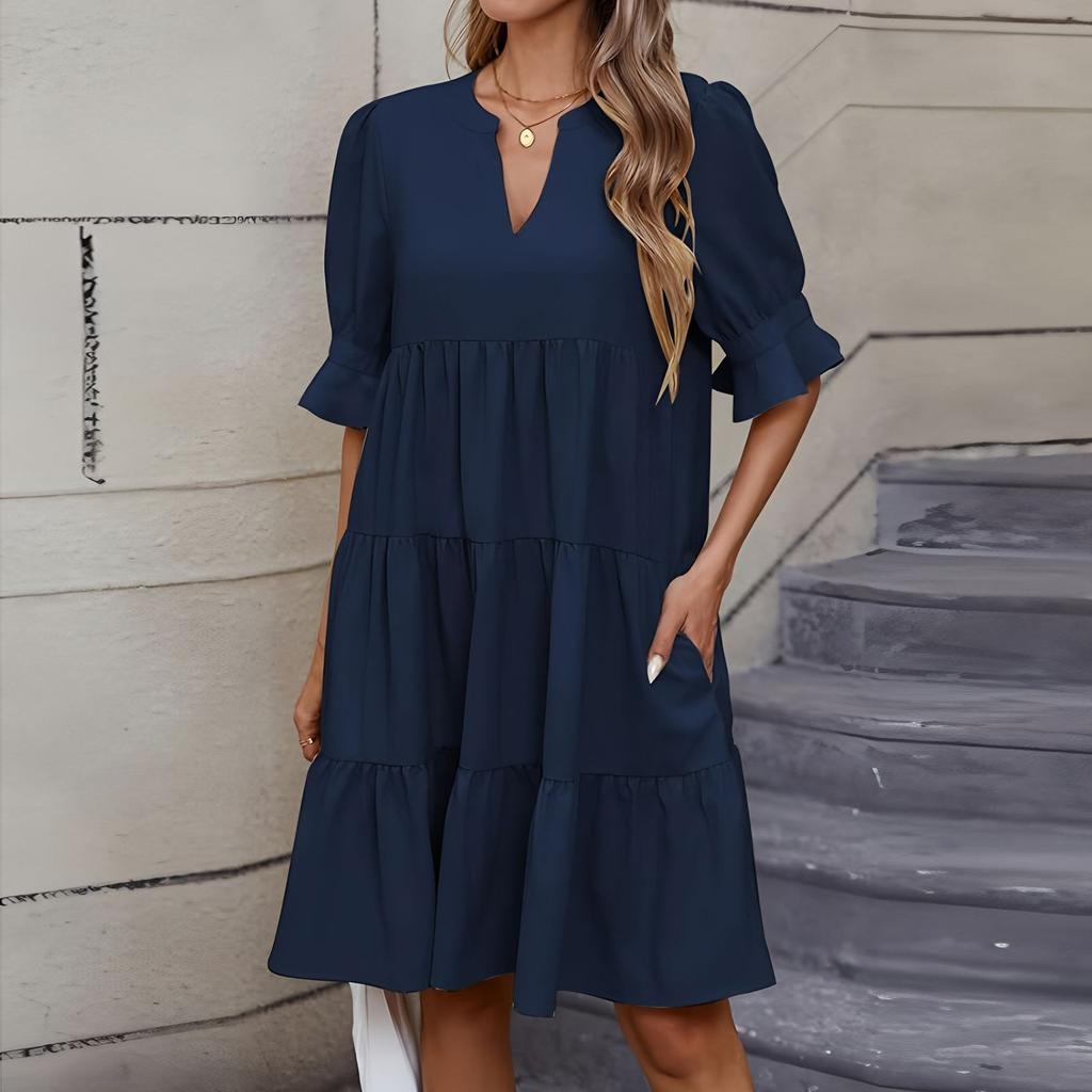 Women's Fashion Casual Slim Middle Sleeve V-Neck Ruffle Dresses