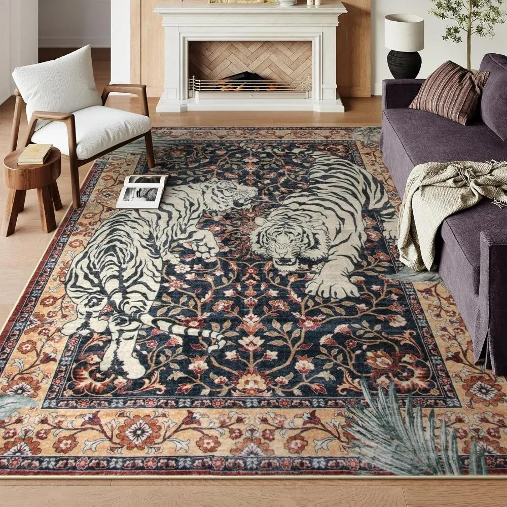 Vintage Floral Orange Tiger Rug Durable Floor Carpet for Living Room Bedroom Elegant Animal Decor Mat