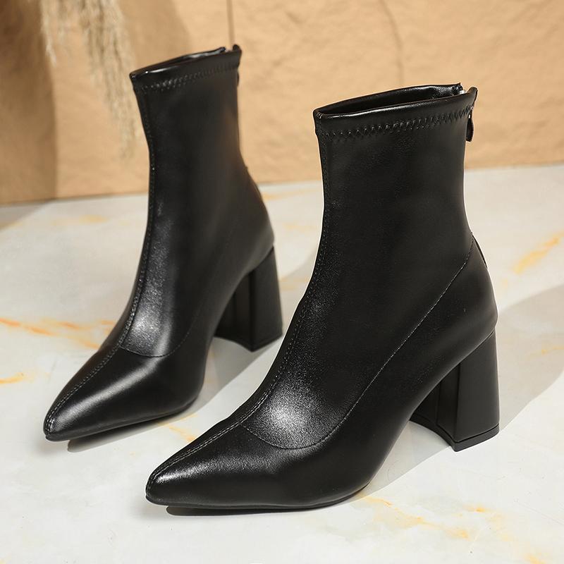 Vintage Pointed Toe Women Ankle Boots Shoes Autumn Winter Square Heels Short Booties  Mujer