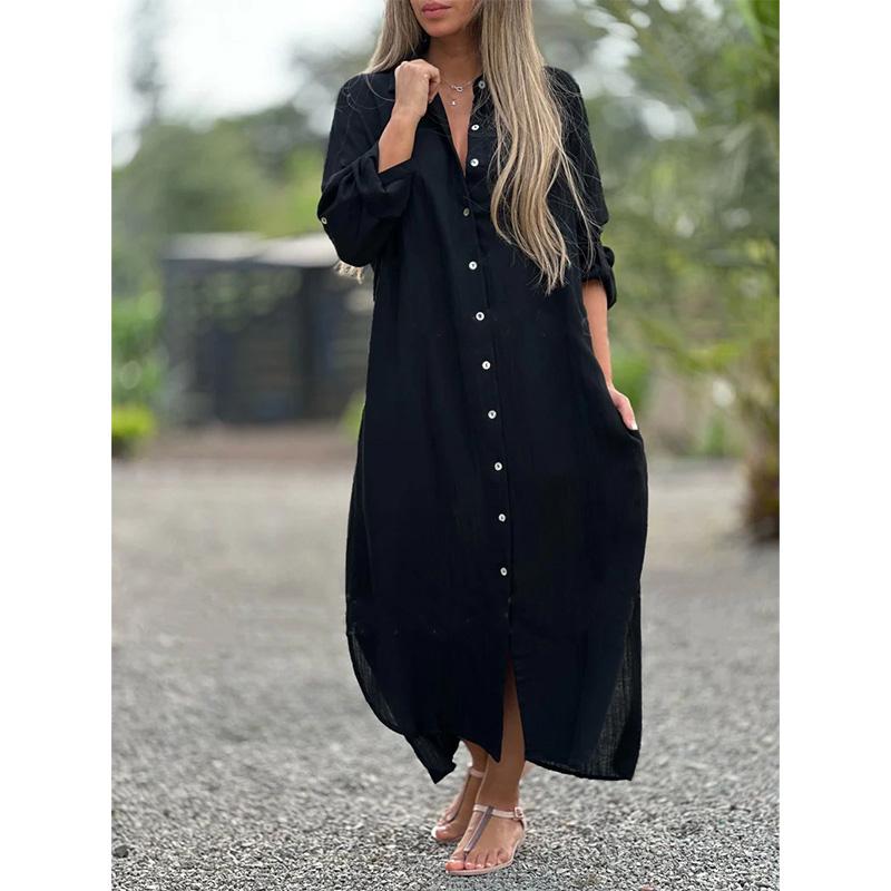 Women's Cotton Linen Shirt Dress Long Sleeve Casual Cardigan Style Long Dress
