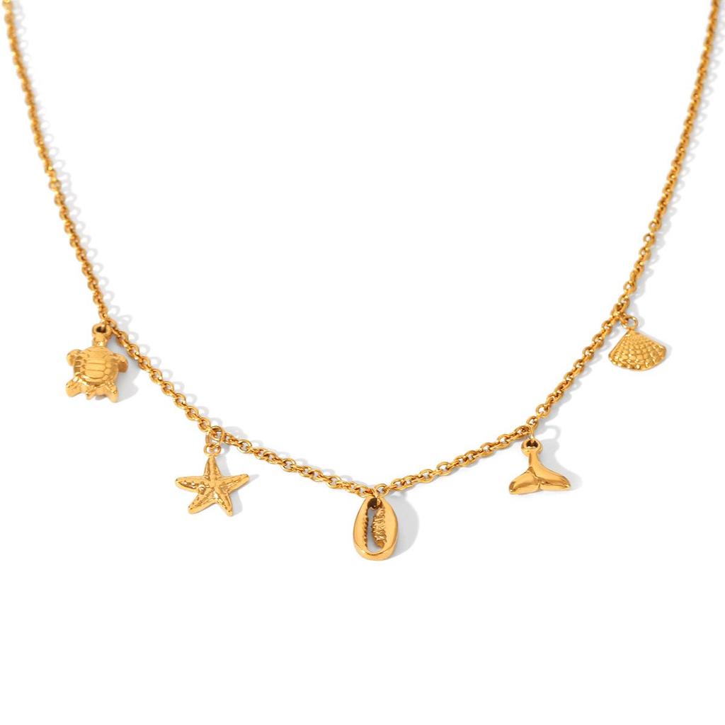 Europäisch-amerikanischer Ins-Stil Edelstahl Seestern & Schildkröte Muschel Anhänger Halskette für Damen