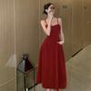 French retro red velvet suspender dress spring and autumn high waist slim fit medium and long bottom skirt women's dress skirt