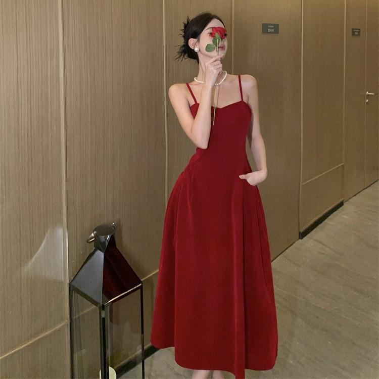 French retro red velvet suspender dress spring and autumn high waist slim fit medium and long bottom skirt women's dress skirt